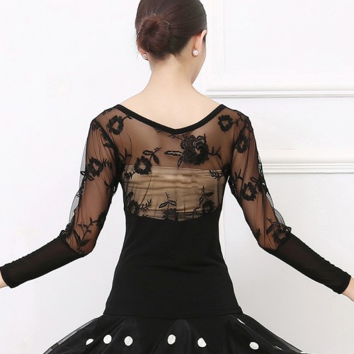 Women black lace Latin ballroom dance top with long sleeves see through back female dance costume adult ballroom dance blouses
